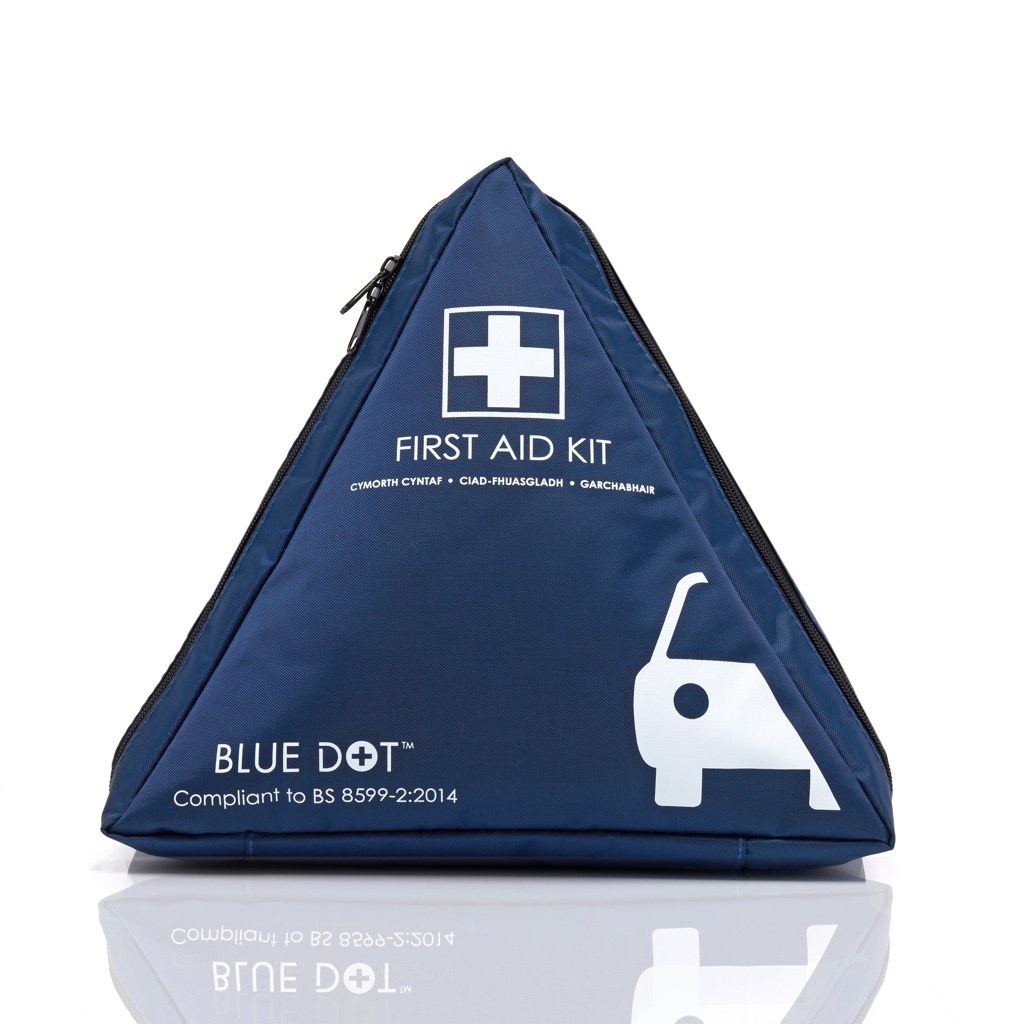 A triangular vehicle first aid kit