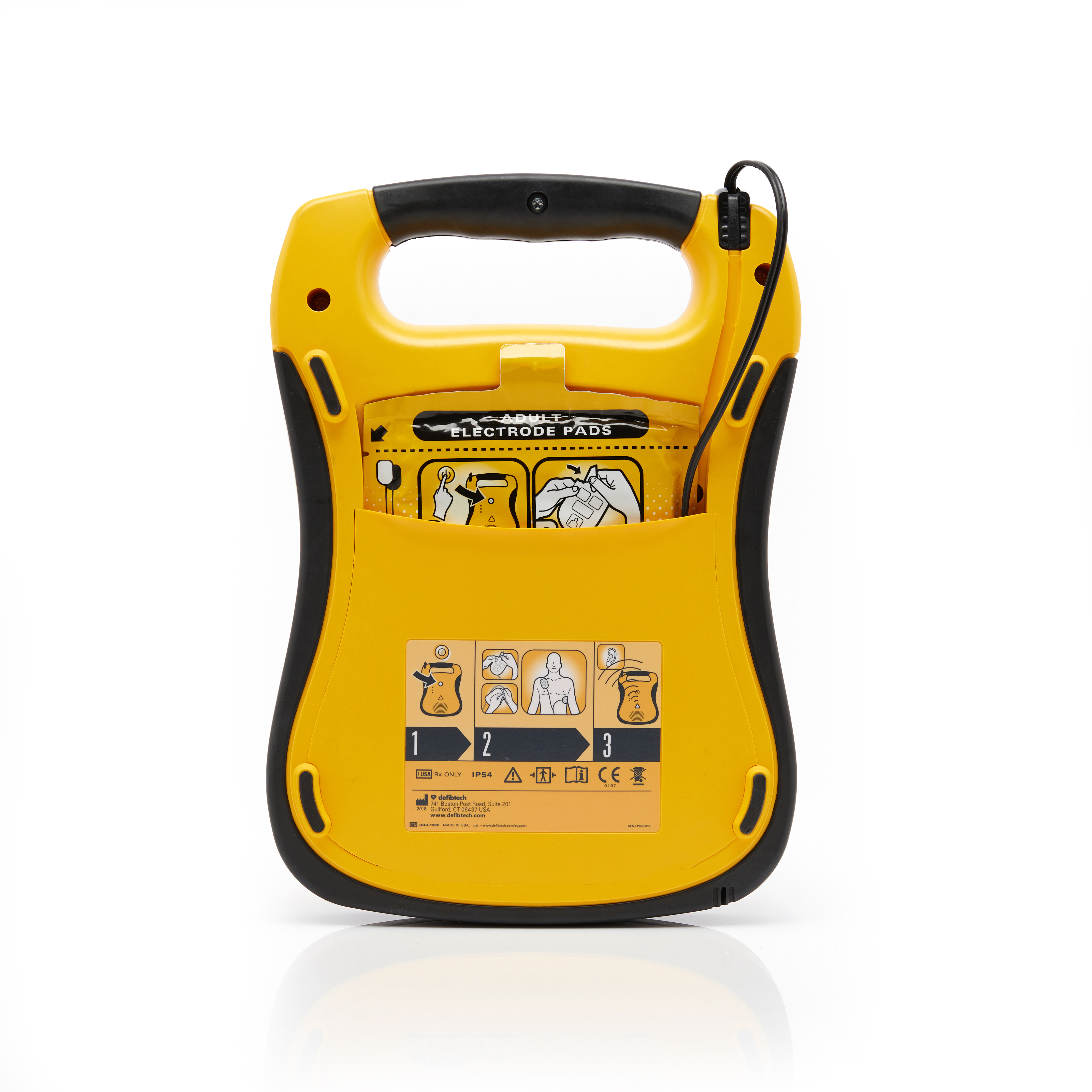 The back of a lifeline defibrillator showing the pad